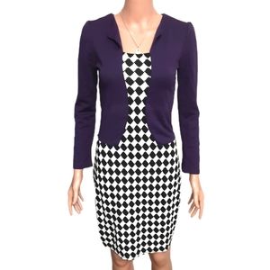 Long Sleeve Knee Length Dress Purple White Black Womens Small
